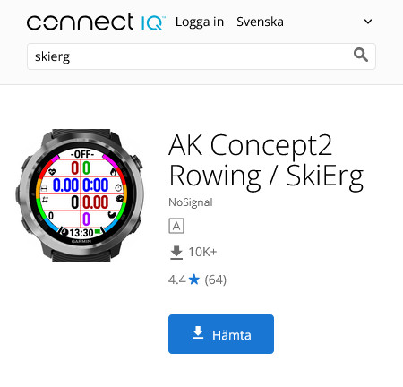 AK Concept 2 app för Skierg i Garmin Connect IQ appbibliotek